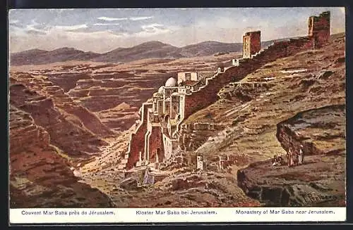 Künstler-AK Friedrich Perlberg: Jerusalem, Blick zum Kloster Mar Saba