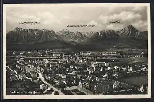 AK Freilassing-Salzburghofen, Ortspanorama mit Gebirgskette