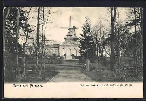 AK Potsdam, Schloss Sanssouci mit historischer Windmühle