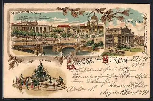 Lithographie Berlin, Schlossbrücke mit Lustgarten, Schauspielhaus, Begas-Brunnen