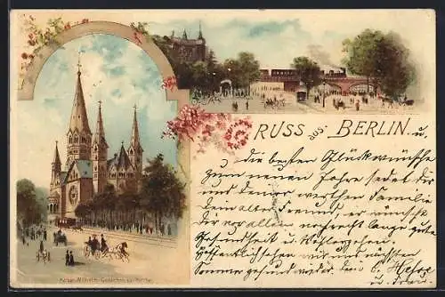 Lithographie Berlin-Tiergarten, Kaiser-Wilhelm-Gedächtnis-Kirche, Brückenansicht