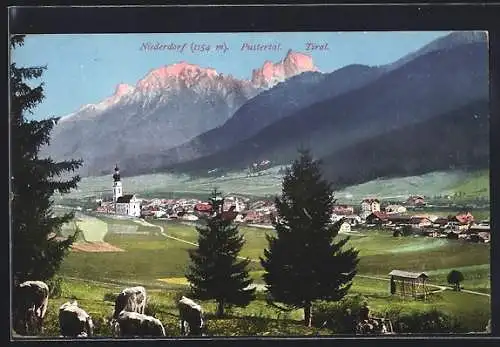 AK Niederdorf /Pustertal, Panorama des Ortes mit Umgebung