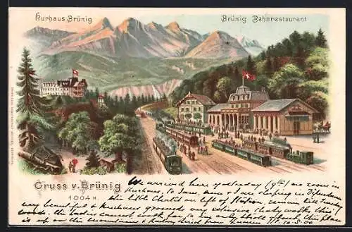 Lithographie Brünig, Kurhaus und Bahnhof mit Bahnrestaurant und Eisenbahnen