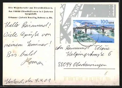 AK Wunderuhr aus Streichhölzern, Erbauer Jakob Baulig