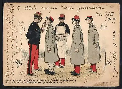 Künstler-Lithographie Albert Guillaume: Monsieur le major à l`infirmier, Soldaten beim Zahnarzt