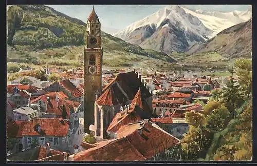 Künstler-AK J.Marschall: Meran, Teilansicht mit Kirche nach Westen