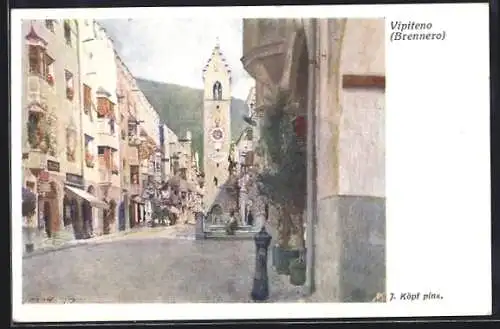 Künstler-AK Vipiteno, Strassenpartie mit Statue und Turm