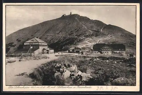 AK Riesenbaude, Ansicht mit Schneekoppe und Schlesierhaus
