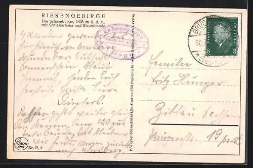 AK Riesenbaude, Ansicht mit Schneekoppe und Schlesierhaus