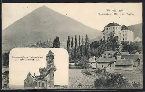 AK Milleschauer, Ortsansicht mit Donnersberg, Meteorologische Höhenstation auf dem Donnersberge