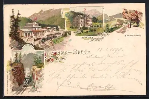 Lithographie Brünig, Bergbahn mit Brünig-Strasse