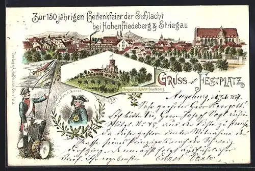 Lithographie Striegau, Festplatz zur Gedenkfeier der Schlacht, Siegehöhe b. Hohenfriedeberg