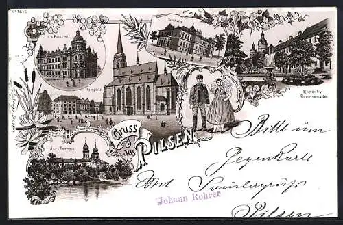 Lithographie Pilsen, Synagoge, Ringplatz, Paar in Tracht