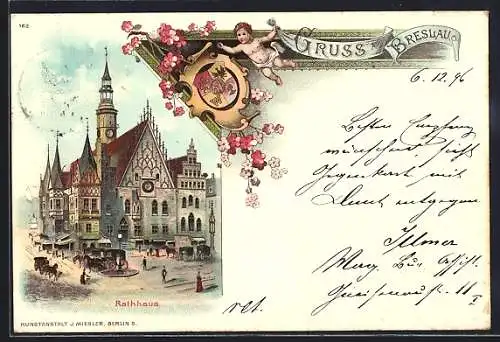 Lithographie Breslau, Rathaus, Stadtwappen