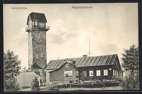 AK Gablonz /Isergebirge, Königshöhe-Baude mit Turm u. Terrasse