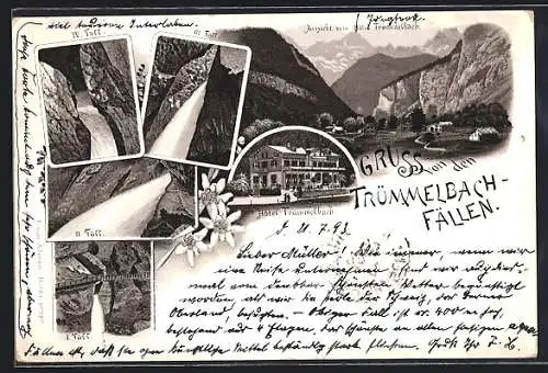 Vorläufer-Lithographie Lauterbrunnen, 1893, Trümmelbachfälle, Das Hotel, die Wasserfälle, Bergidyll