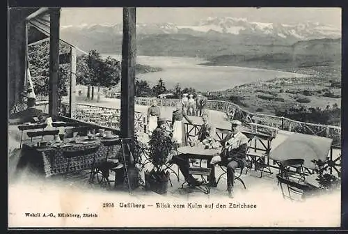 AK Uetliberg, Gäste auf der Restaurant-Terrasse mit Blick auf den Zürichsee