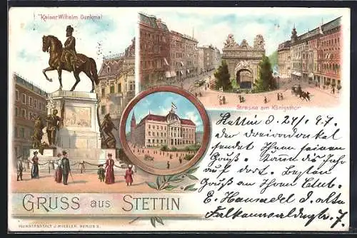 Lithographie Stettin, Kaiser-Wilhelm-Denkmal, Strasse am Königsthor, General Landschaft