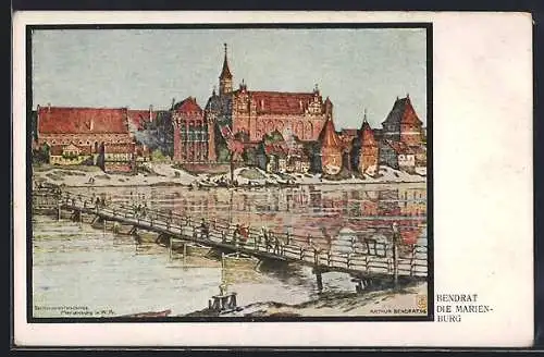 Künstler-AK Marienburg / Malbork, Die Marienburg mit Brücke