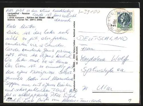 AK Kampenn-Kohlern bei Bozen, Landgasthof-Pension Röllhof, Innenansicht, Schwimmbecken