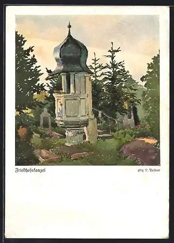 Künstler-AK Mainbernheim, Partie an der Friedhofskanzel