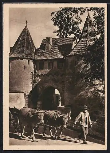 AK Prichsenstadt /Ufr., Ochsenkarren am Stadttor