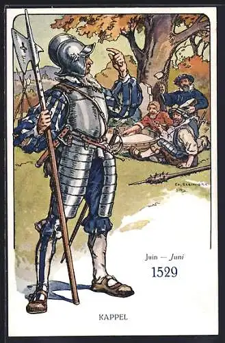 Künstler-AK sign. Ed. Elzingre: Der Schweizer Soldat im Laufe der Jahrhunderte, Kappel 1529, Historische Uniform