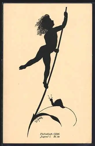 Künstler-AK Diefenbach: Jugend, Kind klettert an einer Blume Hoch, Schnecke, Schattenbild
