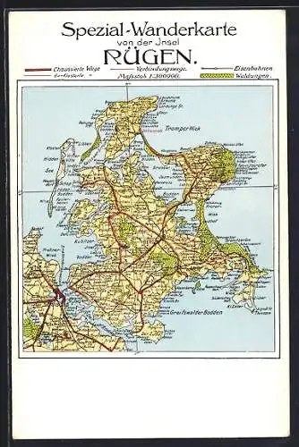 AK Bergen, Ort mit Umgebung, Landkarte der Insel Rügen