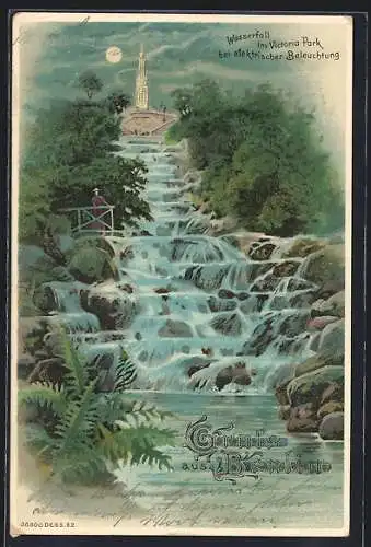 Lithographie Berlin-Kreuzberg, Wasserfall im Victoria-Park bei elektrischer Beleuchtung