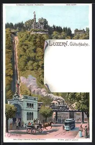 Künstler-AK Luzern, Gütschbahn fährt durch den Ort, Bergbahn erklimmt den Berg