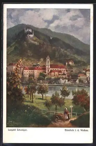 Künstler-AK Leopold Schweiger: Dürnstein /Wachau, Panoramablick