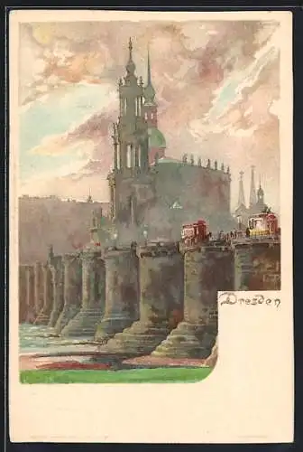 Künstler-AK Heinrich Kley: Dresden, Blick auf Augustusbrücke