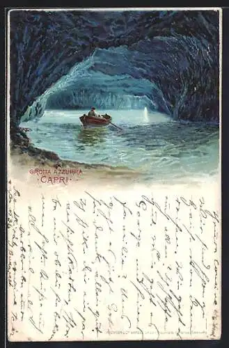 Lithographie Capri, Grotta Azzurra, Bootspartie in der Grotte