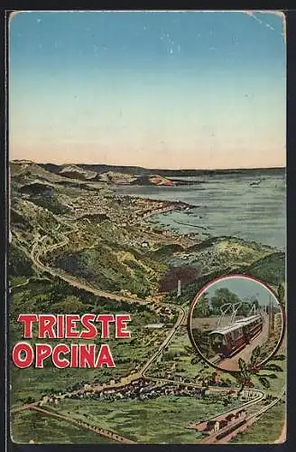 AK Trieste, Opcina, Panoramablick auf Stadt und Meer