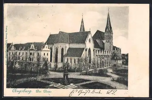 AK Augsburg, Strassenpartie mit Dom und Denkmal