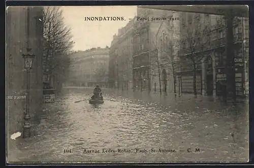 AK Paris, Avenue Ledru Rollin, Faub. St-Antoine, Inondations 1910