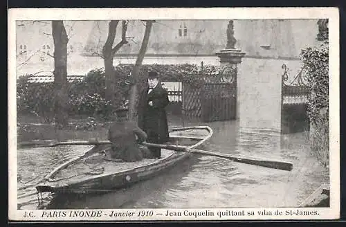 AK Paris, Jean Coquelin quittant sa villa de St-James, Inondations 1910