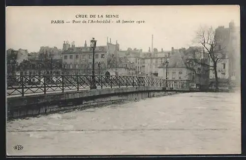 AK Paris, Pont de l`Archeveché, Crue de la Seine 1910