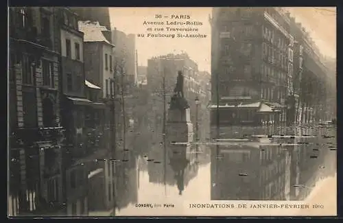 AK Paris, Avenue Ledru-Rollin et rue Traversière au Faubourg St-Antoine, Inondations 1910