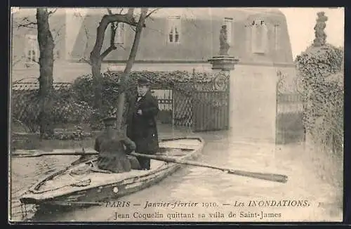 AK Paris, Crue de la Seine, Janvier 1910, Jean Coquelin quittant sa villa de Saint-James
