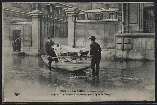 AK Paris, Crue de la Seine, Janvier 1910, Transport d`un paralytique, Quai de Passy