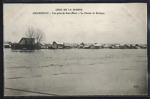 AK Champigny, Crue de la Marne, Vue prise de Saint-Maur, Le Chemin de Brétigny