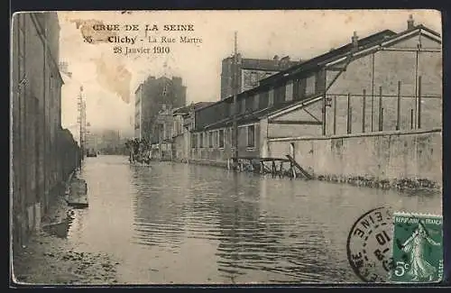 AK Paris-Clichy, La Rue Martre, Crue de la Seine, 28.Januar 1910, Hochwasser