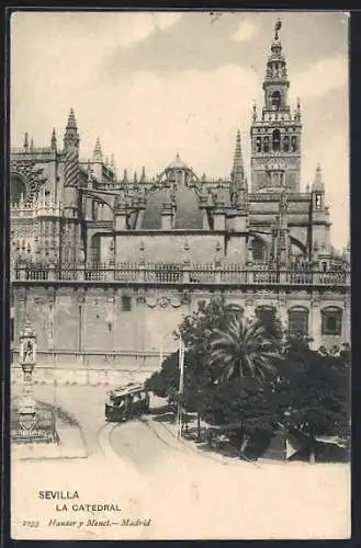 AK Sevilla, La Catedral, Strassenbahn