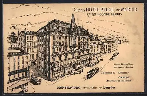 Künstler-AK Madrid, Grand Hotel Belge, Strassenbahn