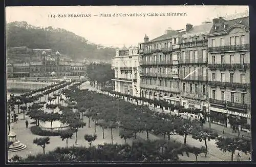 AK San Sebastian, Plaza de Cervantes y Calle de Miramar