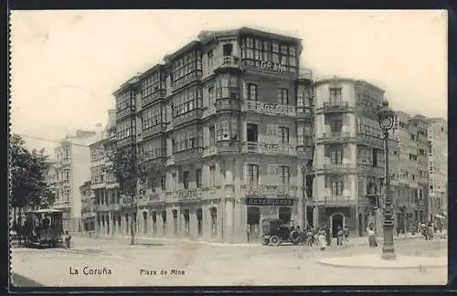 AK La Coruna, Plaza de Mina, Grand Hotel de Francia