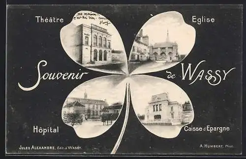 AK Wassy, Souvenir mit Théâtre, Église, Hôpital und Caisse d`Épargne