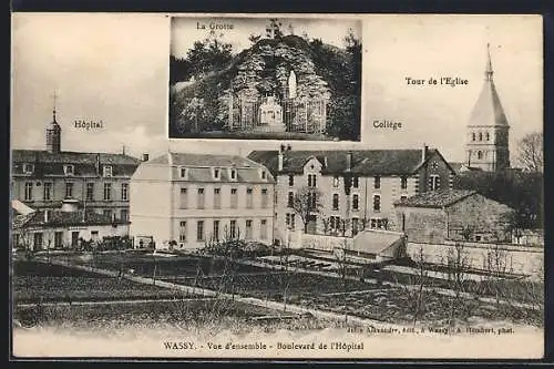 AK Wassy, Vue d`ensemble, Boulevard de l`Hôpital avec la Grotte et Tour de l`Église